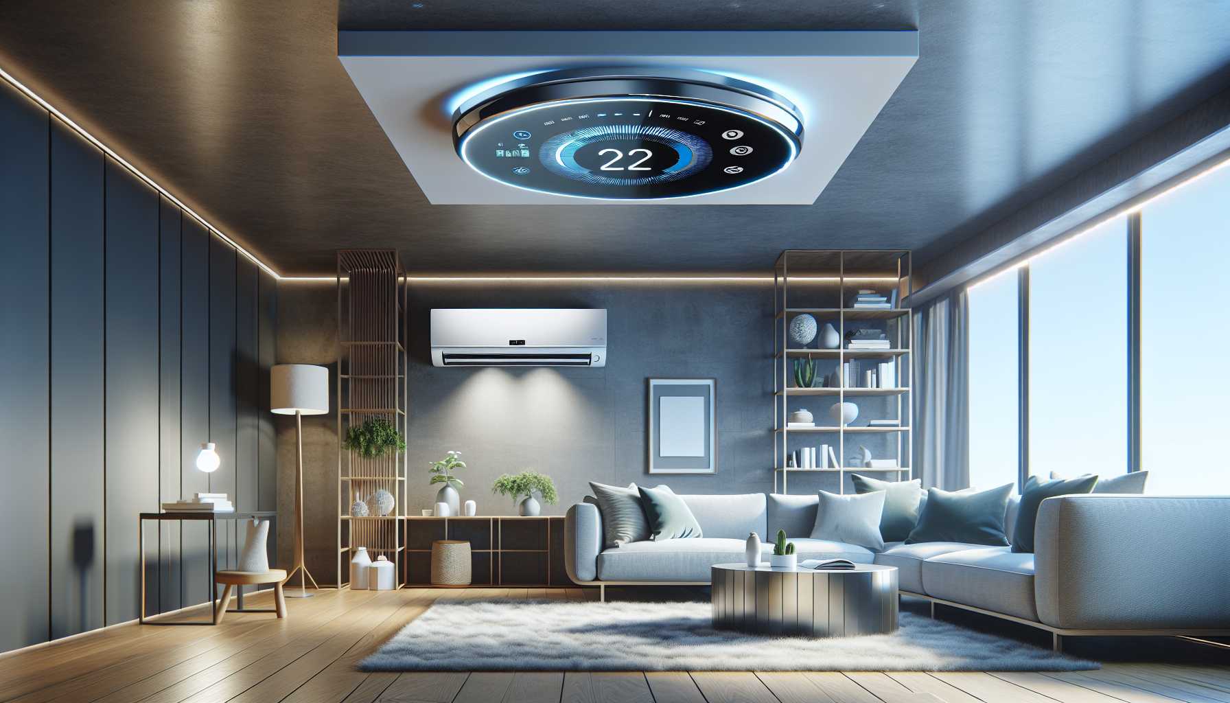 A modern living room with a smart thermostat on the wall and a smart air conditioner unit on the ceiling