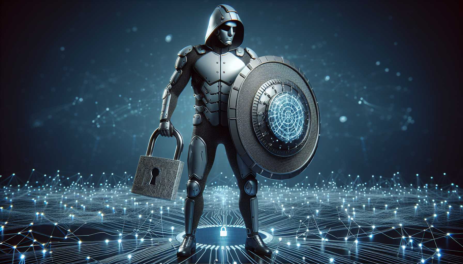 A person holding a shield with a lock on it, symbolizing cybersecurity protection.