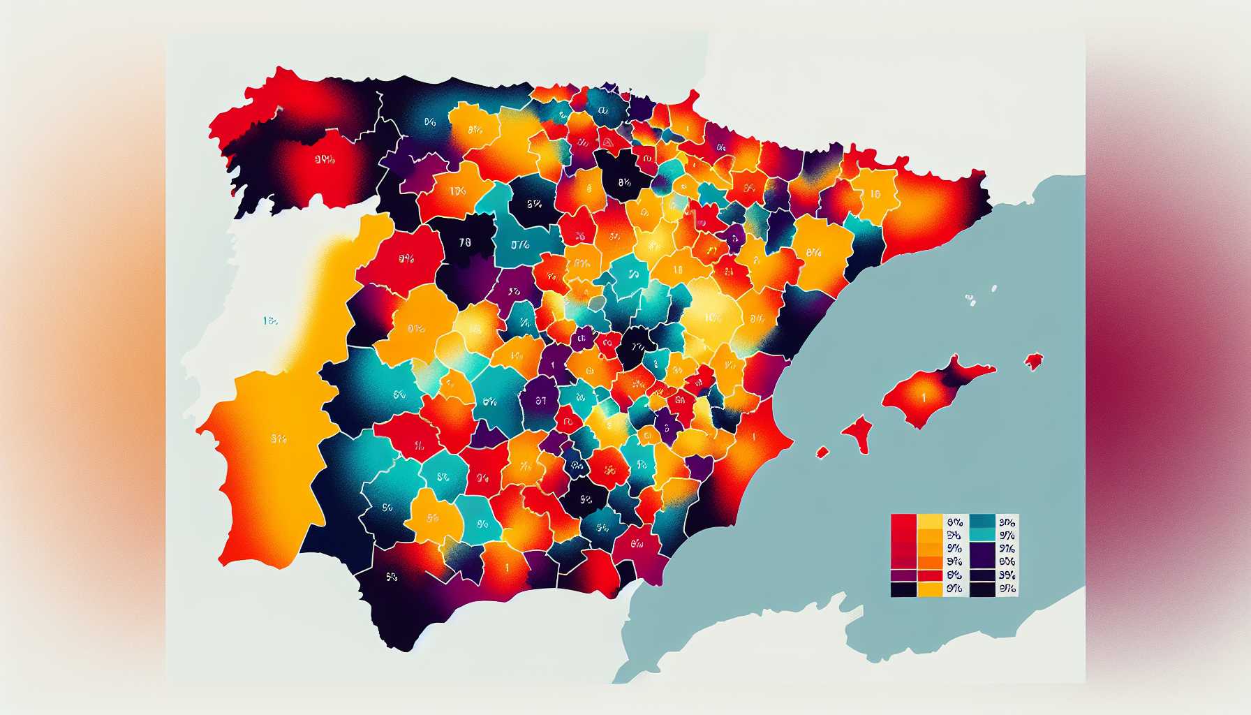 A map of Spain with different colors representing the percentage of population with access to ultra-high-speed internet in each region.