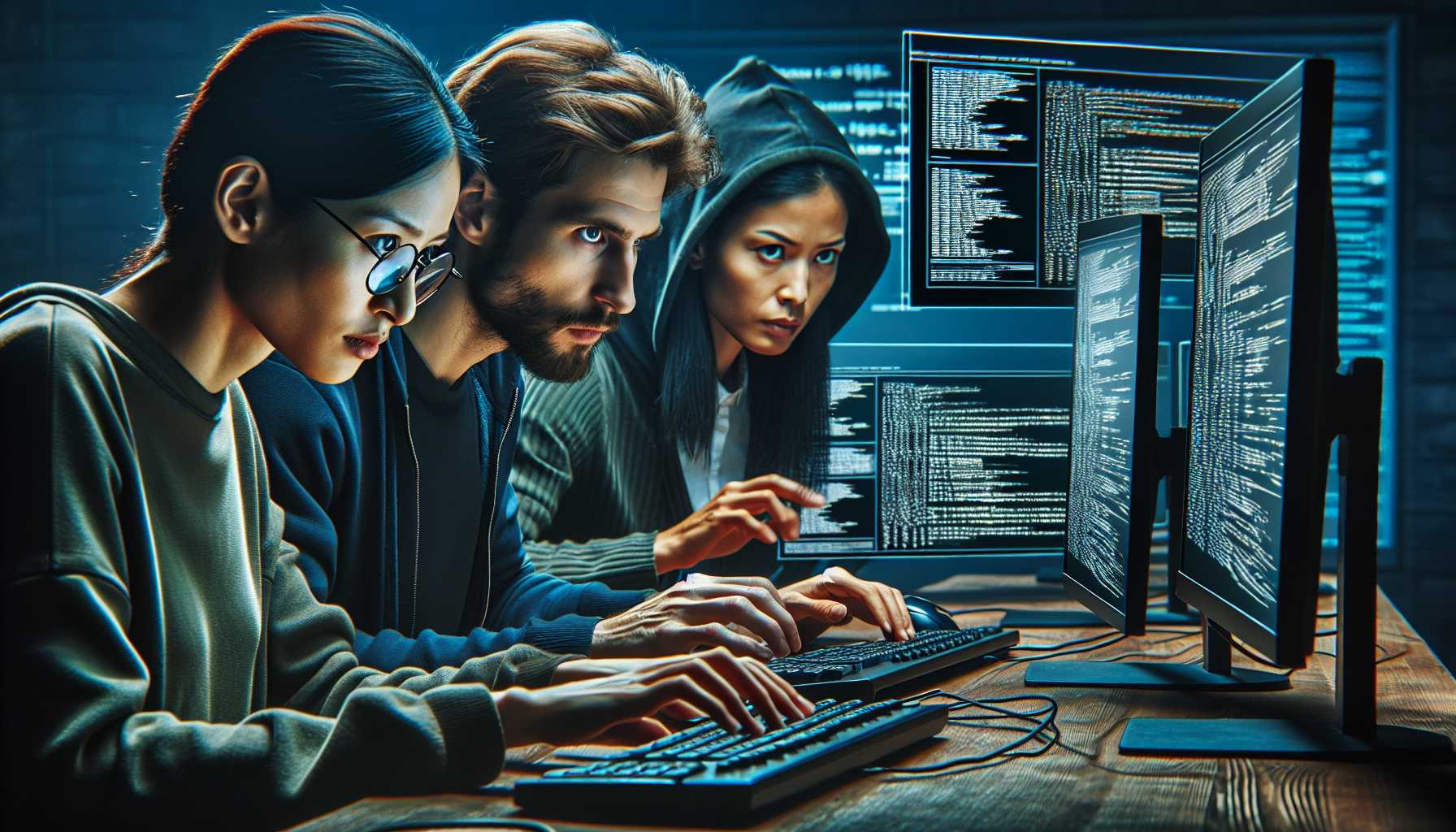 a group of hackers at computers with coding screens