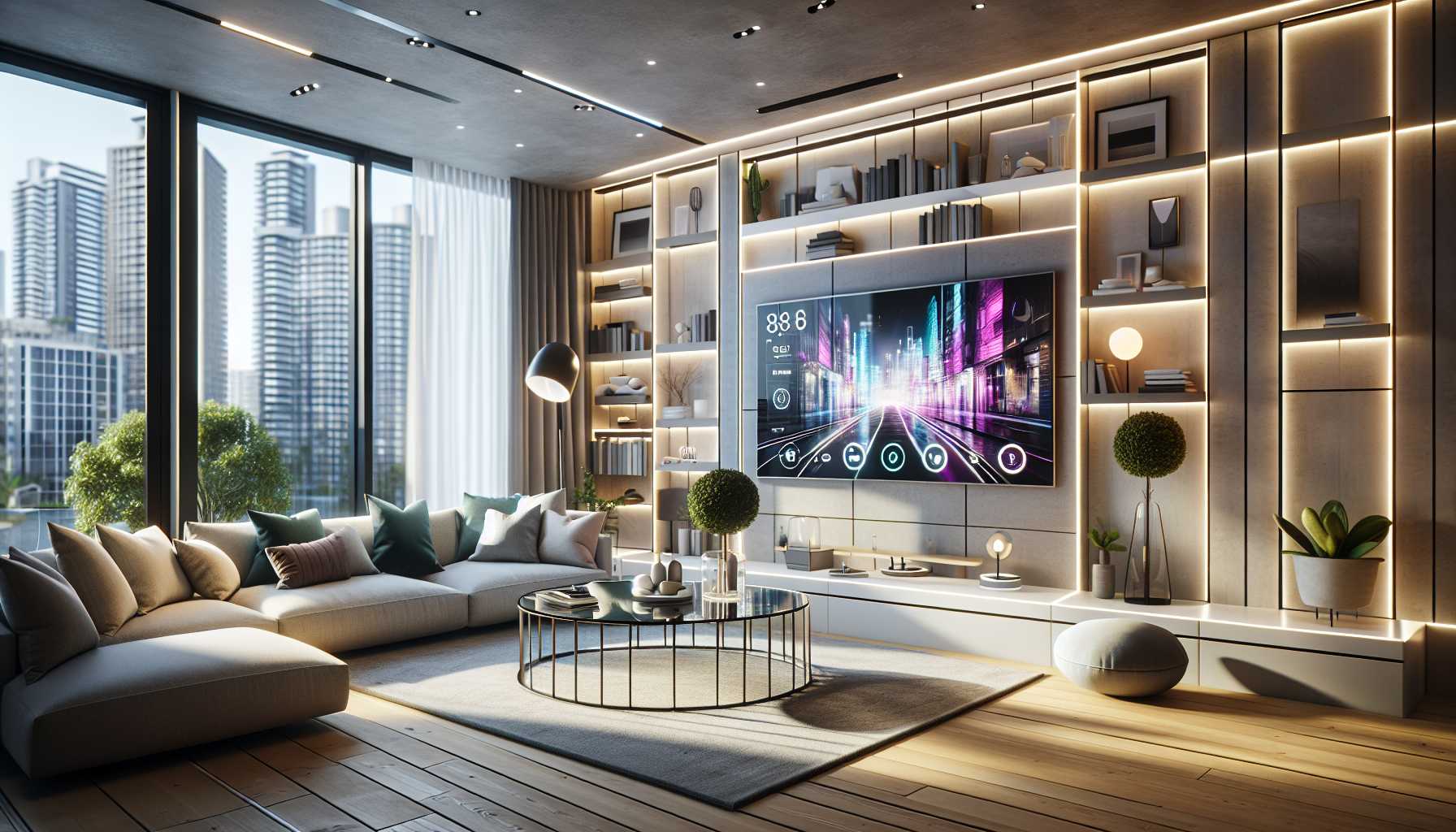 A modern living room with smart lighting