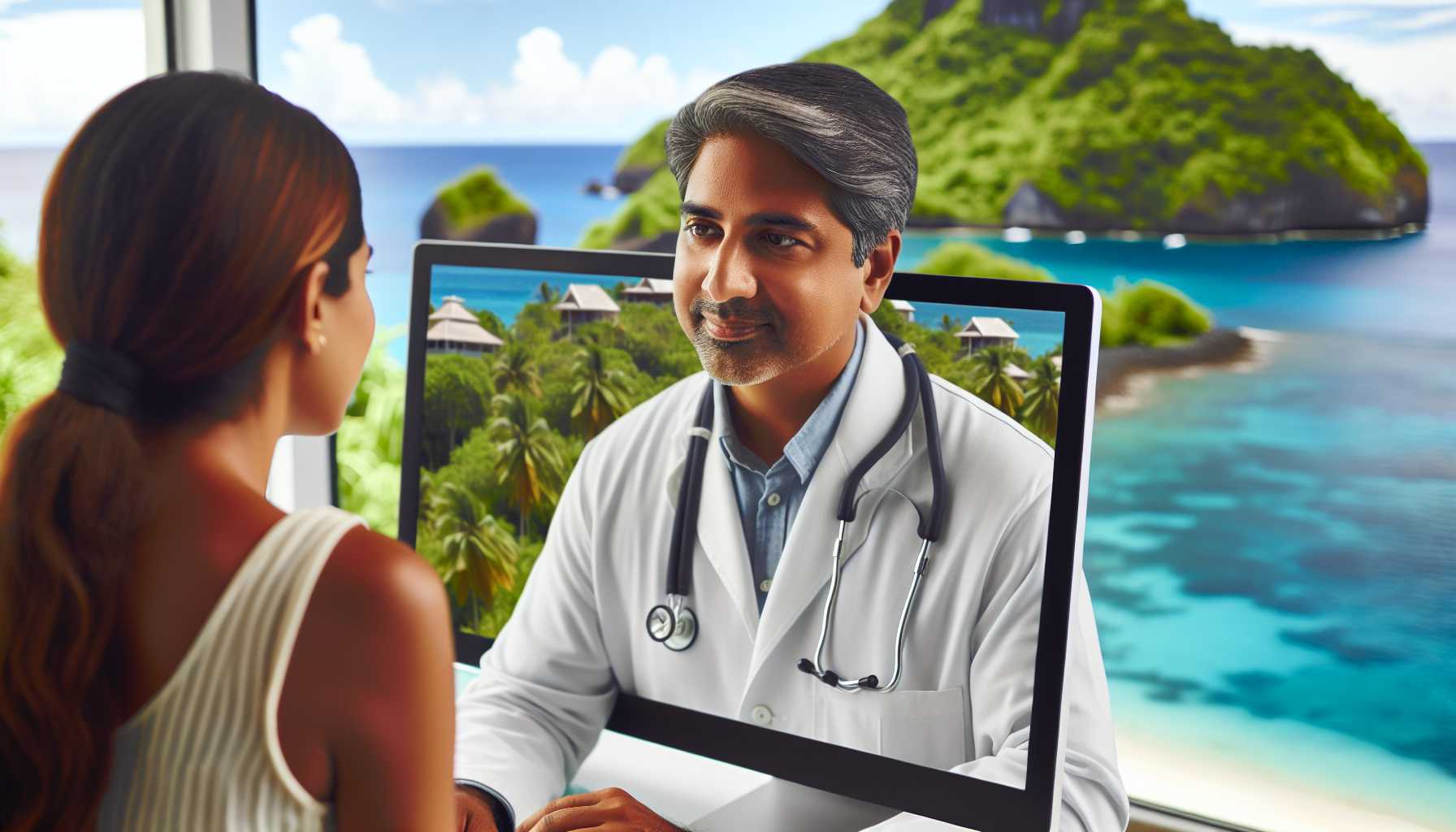 A doctor and patient interacting on a computer screen in Saint Vincent and the Grenadines.