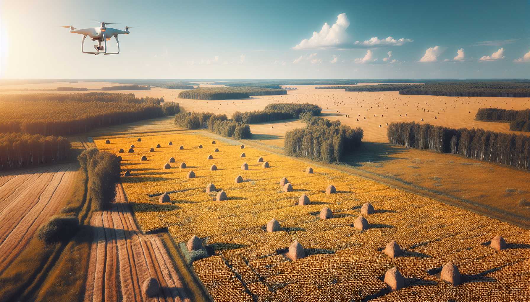 Drone flying over a field of sunflowers in Russia