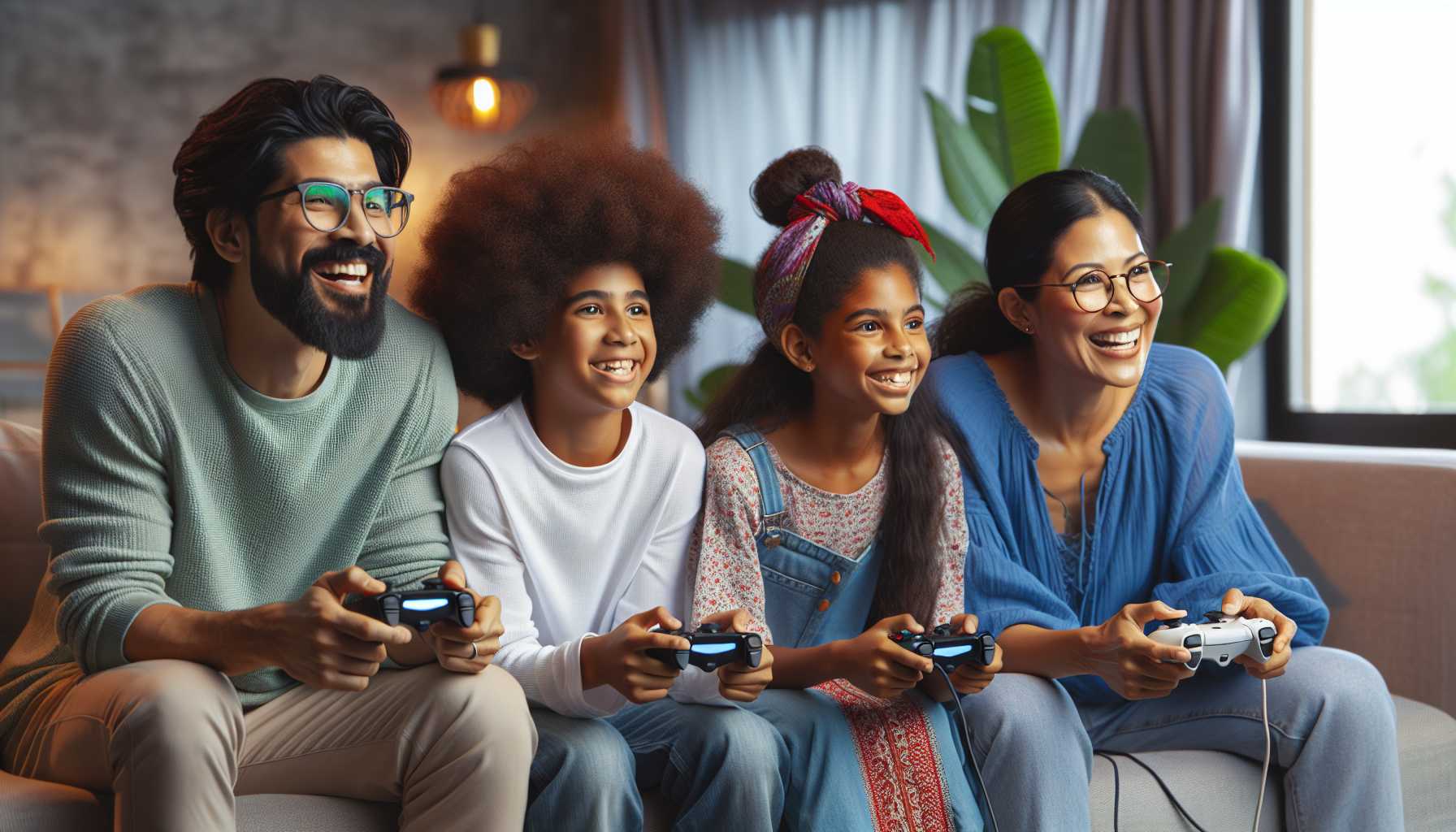 a happy family playing video games together on a couch