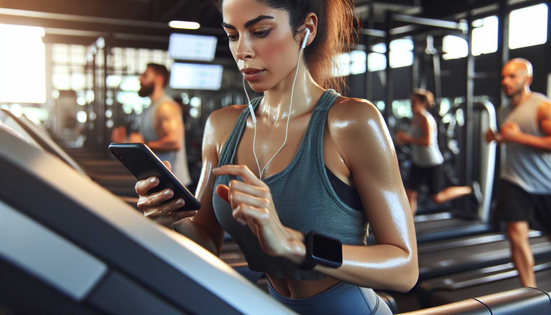 A person using the MyFitnessPal app on their phone while working out at the gym.