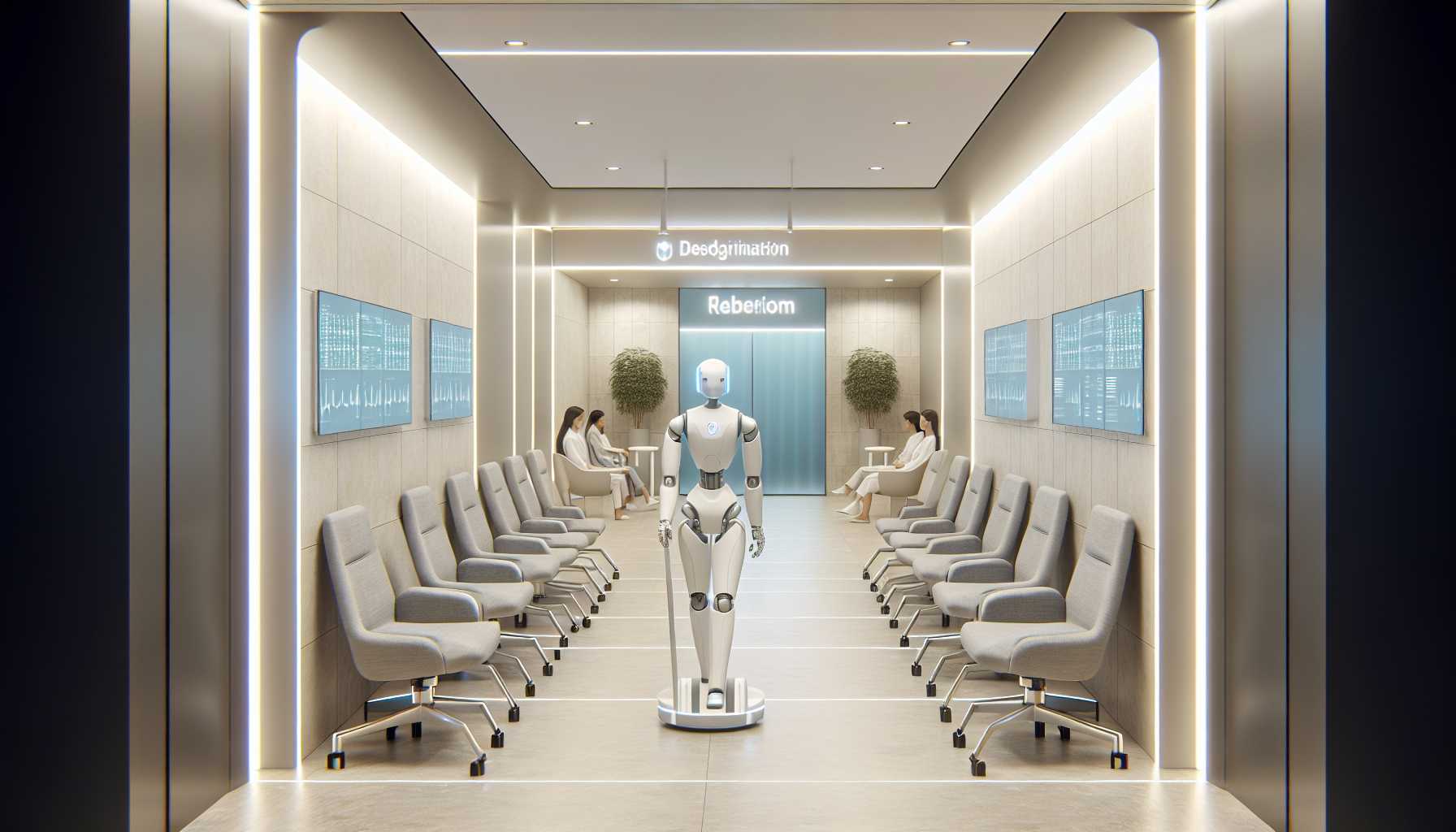 futuristic, minimalist health clinic interior