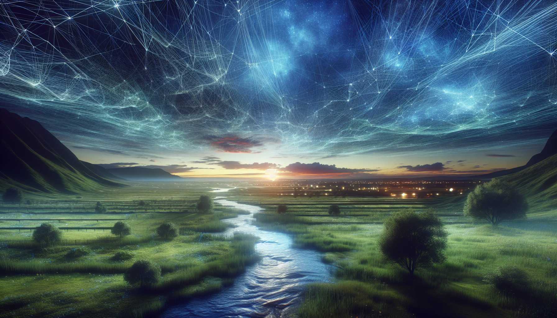 a serene landscape depicting the horizon with digital connections in the sky