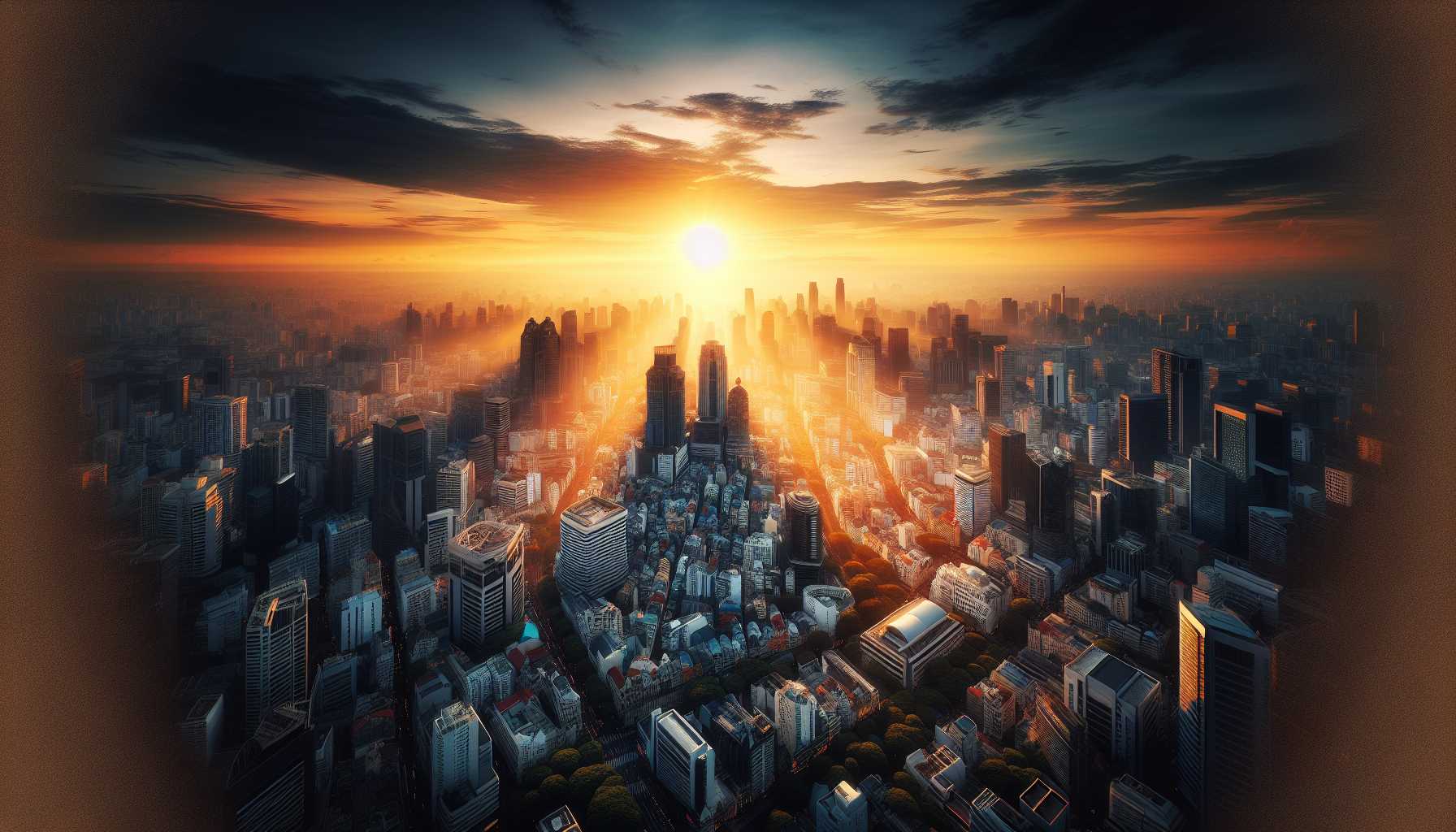 a rising sun over a cityscape, symbolizing a new dawn