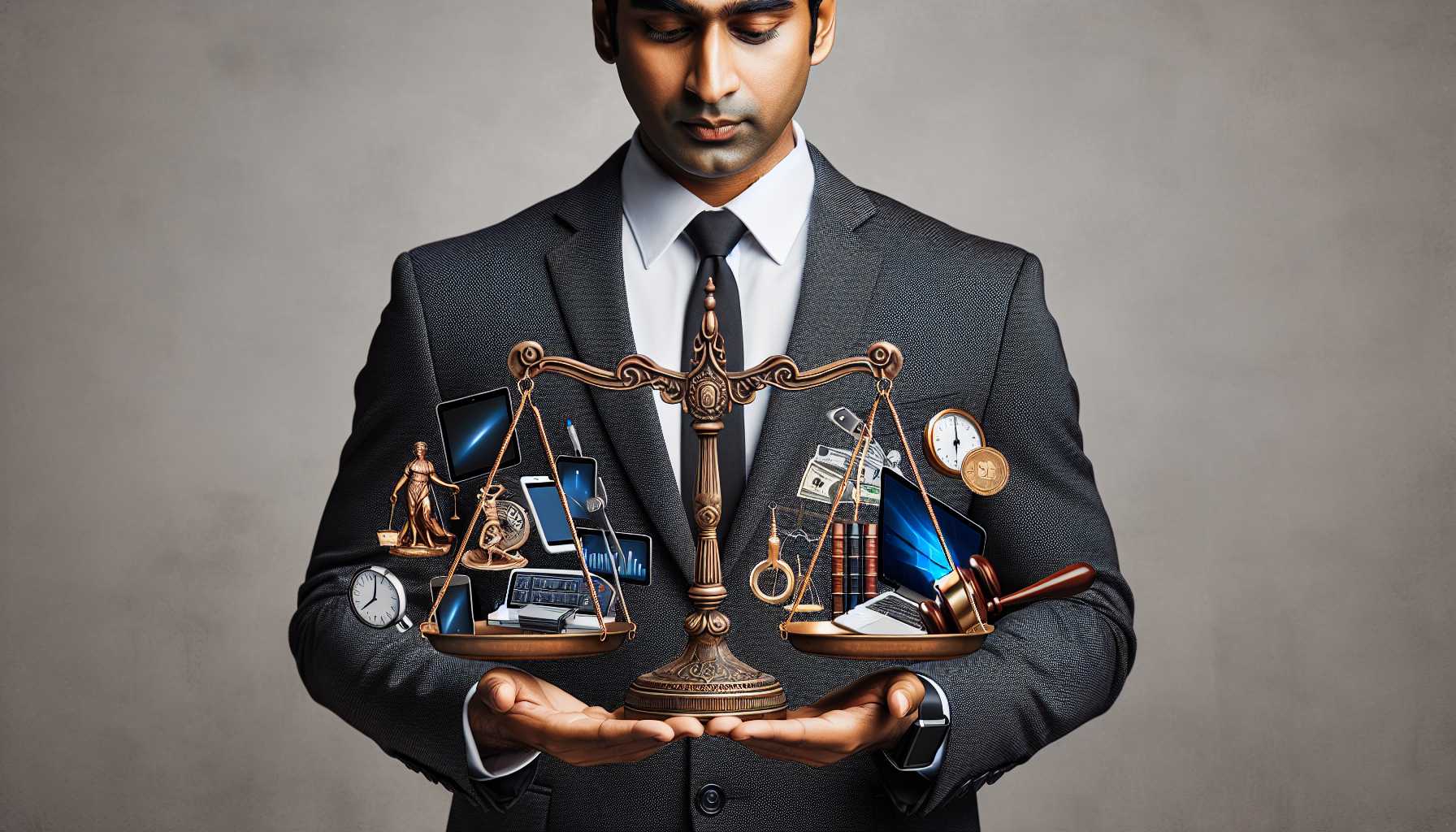 a businessman holding scales balanced with technology and law