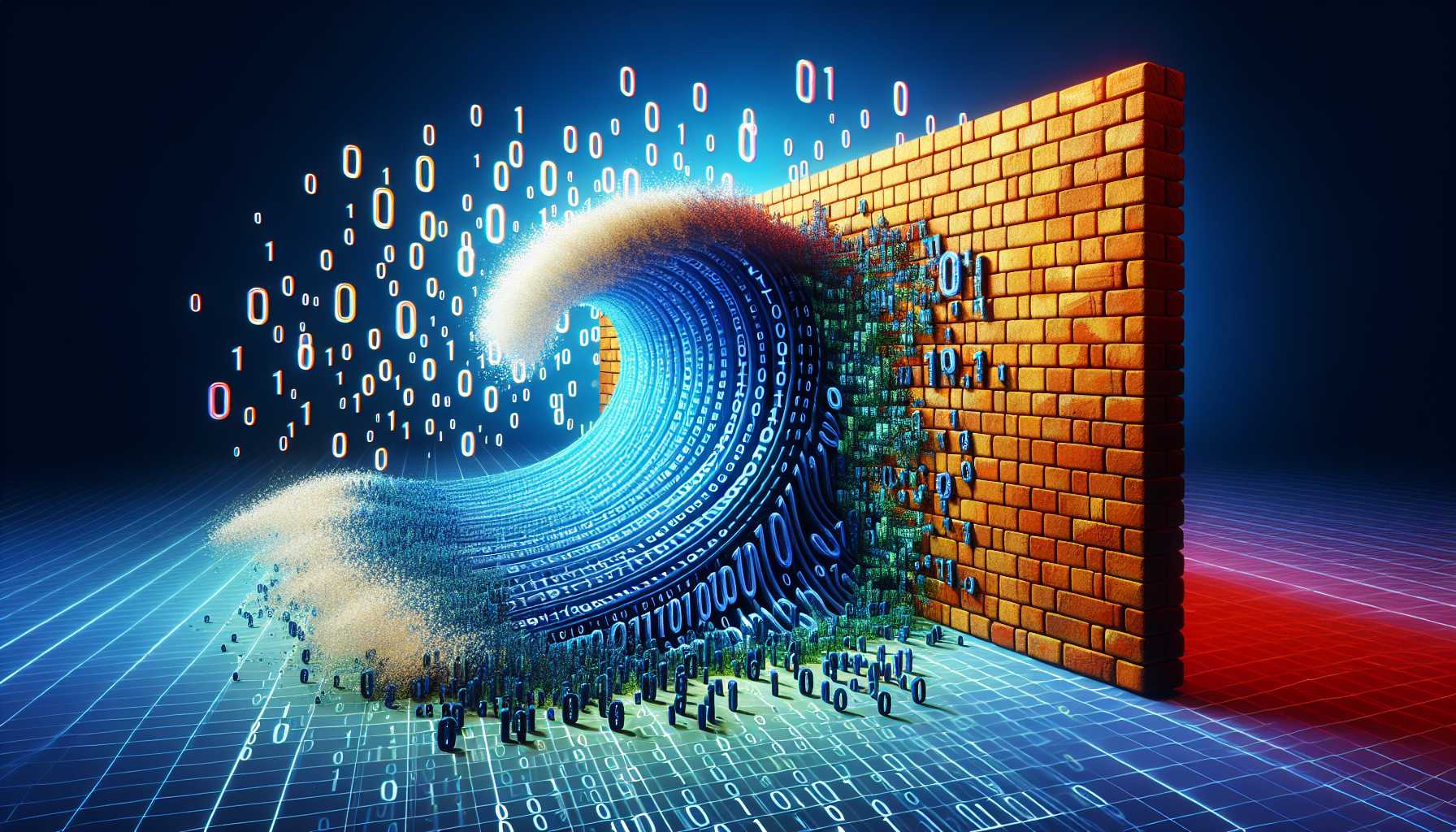 a digital wave clashing against a brick wall, representing innovation versus regulations