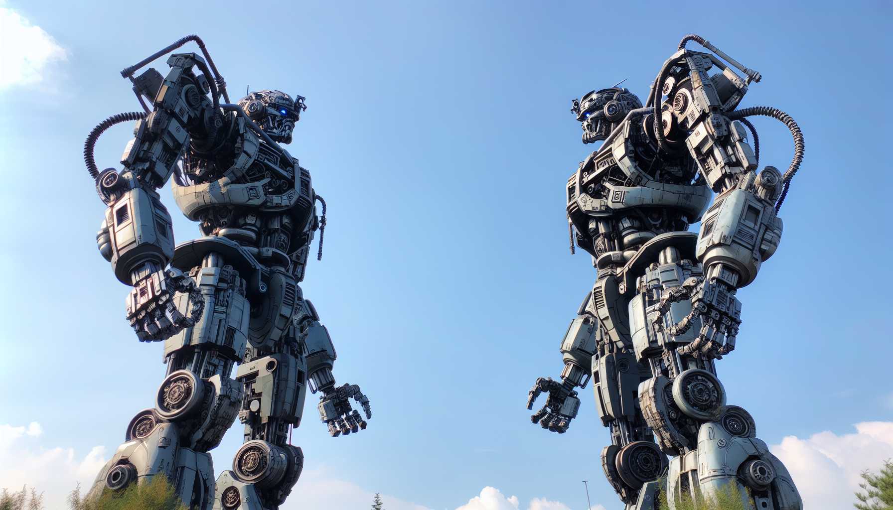 two towering robots facing each other in a standoff, reminiscent of Transformers