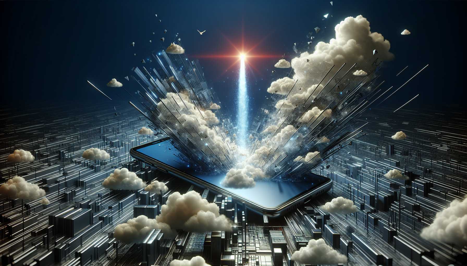 a smartphone bursting through cloud data, a metaphor for the app's ascent