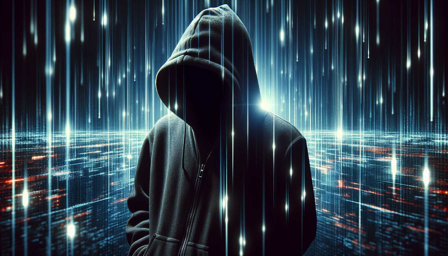 a hooded figure peering through data lines, representing data privacy concerns