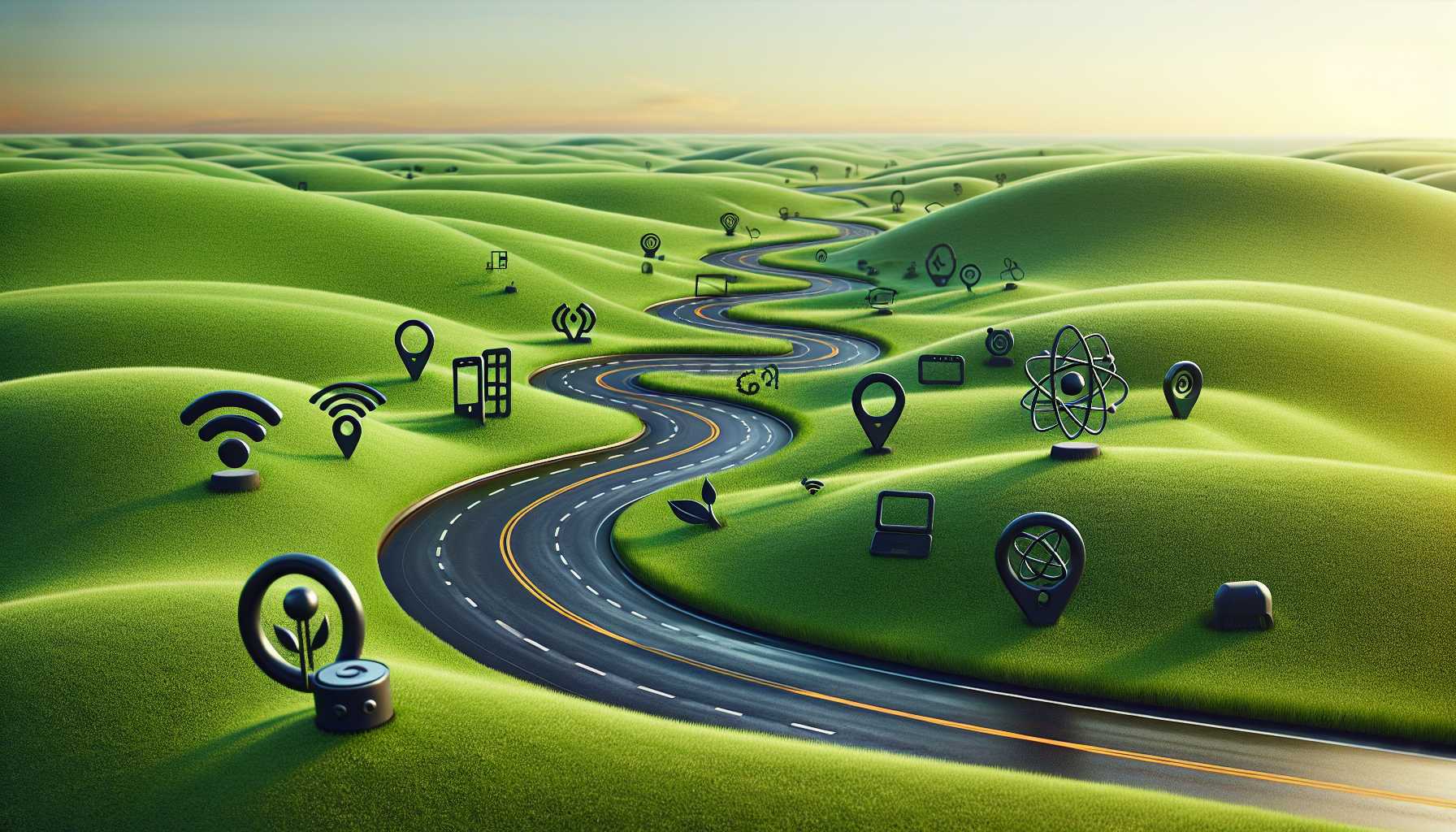 a winding road leading into the horizon with various technology symbols scattered alongside