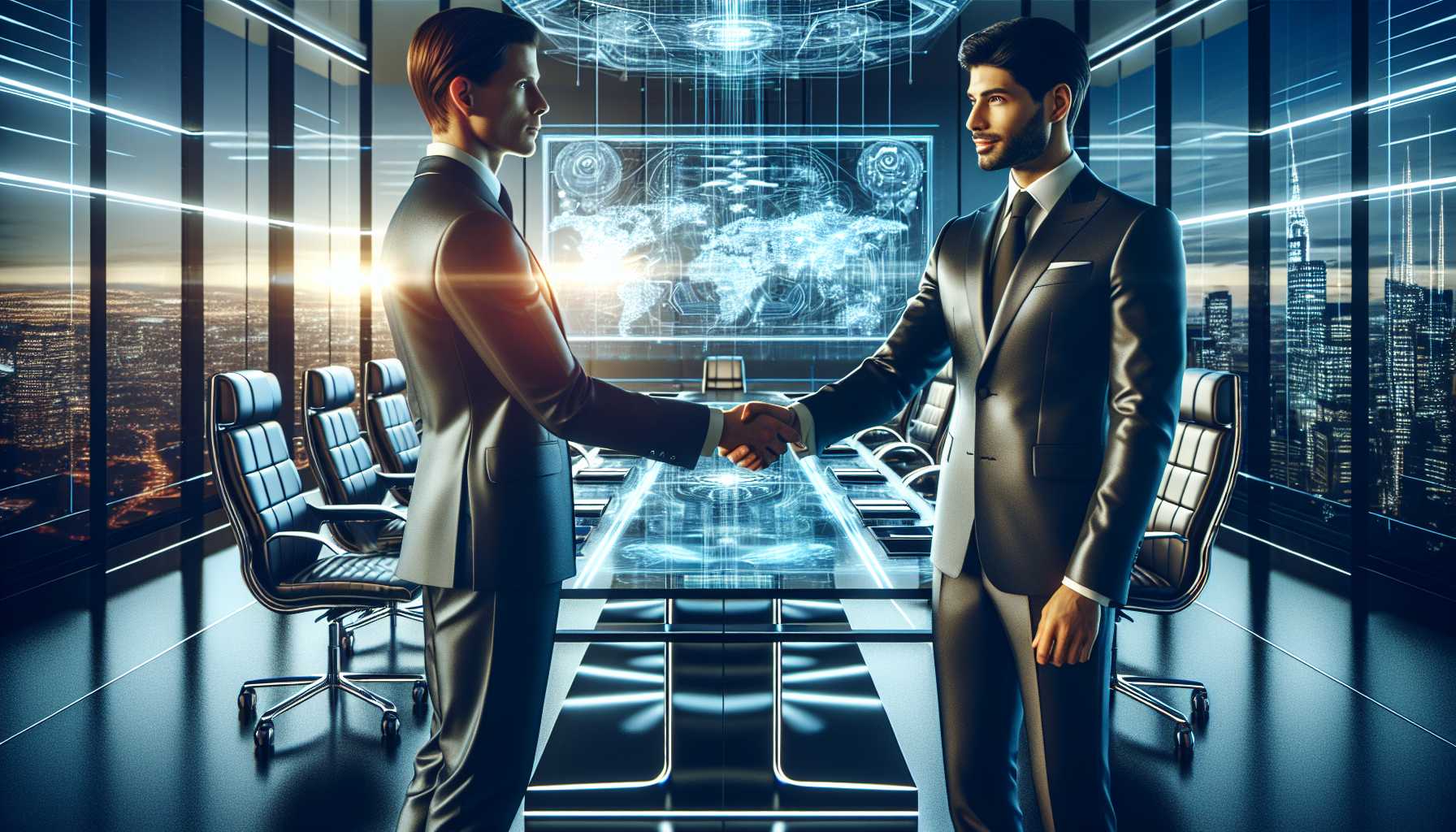 a handshake between a tech executive and a political figure in a futuristic boardroom