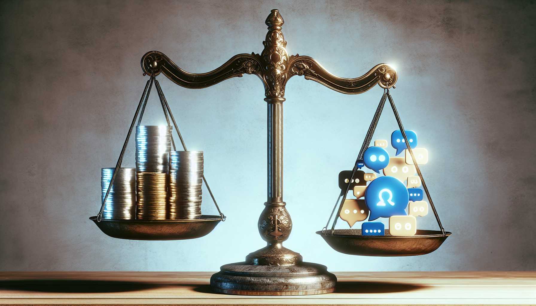 scales of justice with money on one side and a social media logo on the other