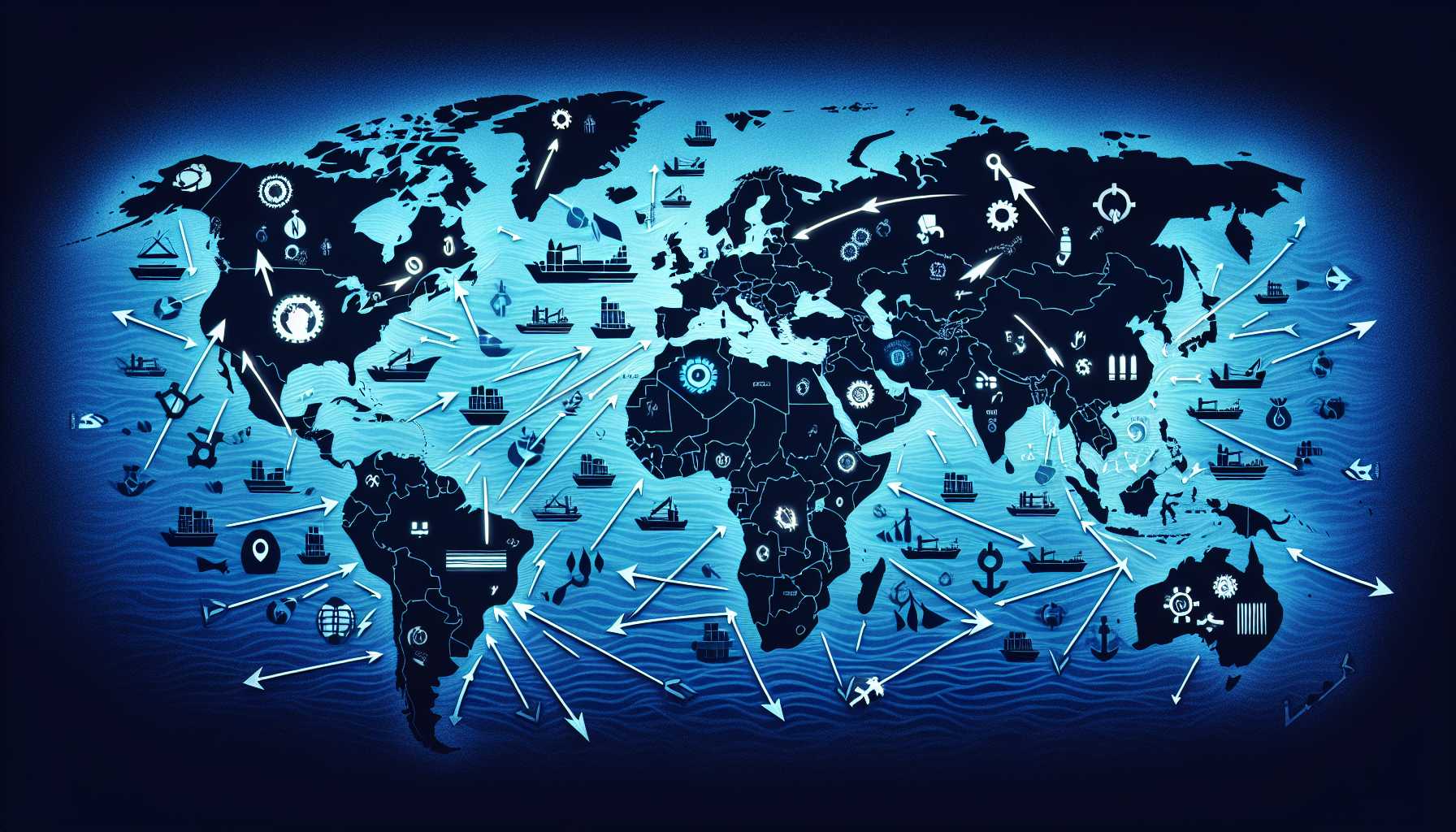 A world map with arrows pointing to various countries representing global trade tensions