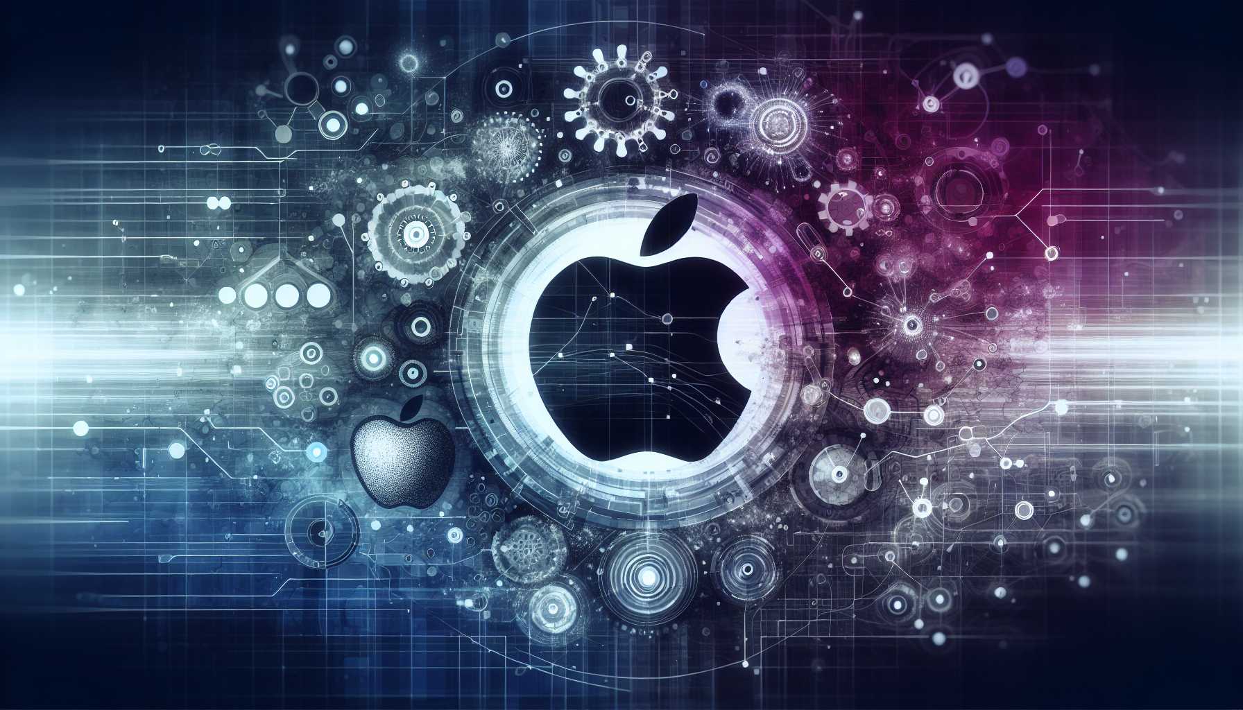 A futuristic montage with Apple's logo and AI-themed graphics