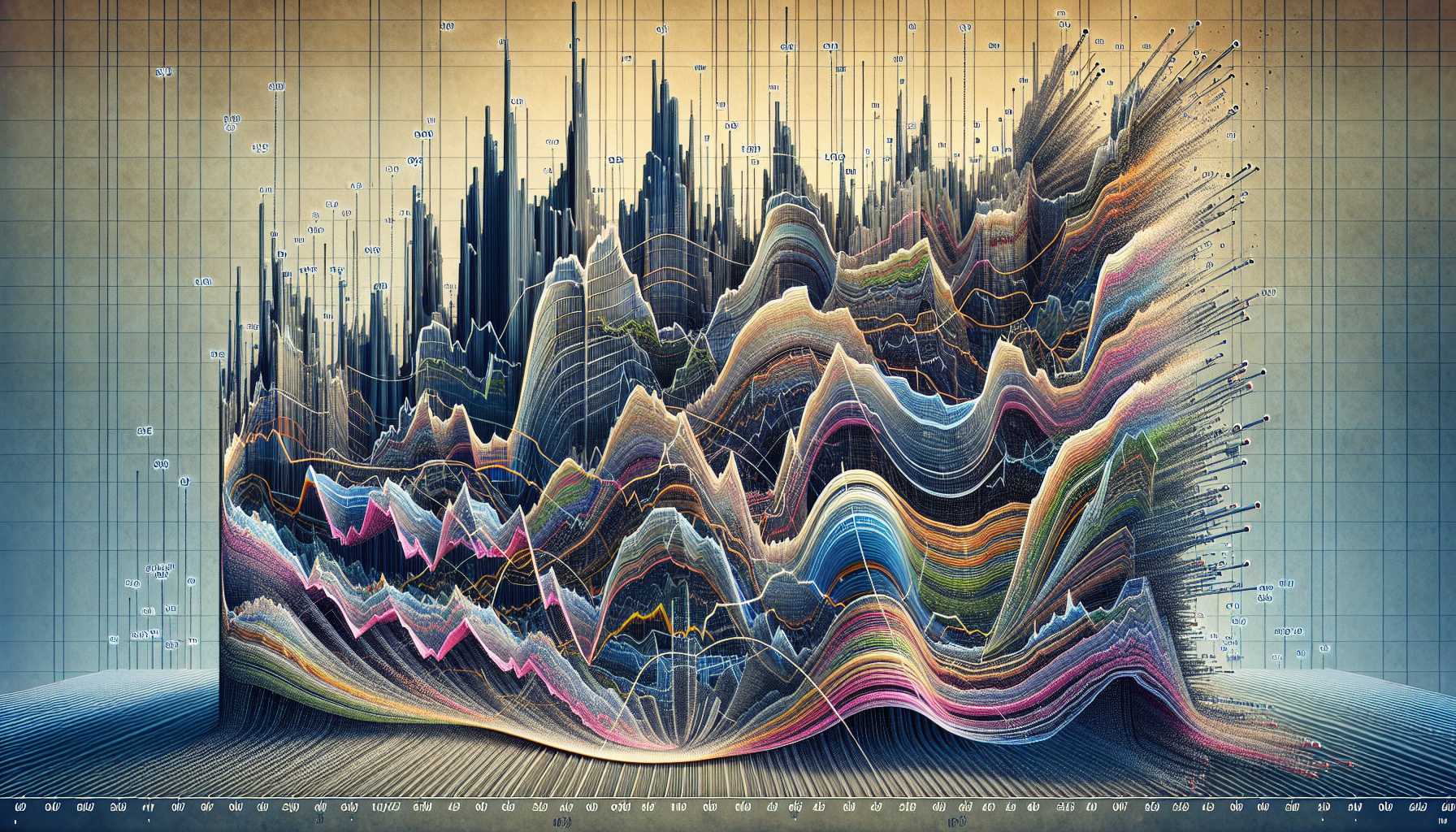 A stock market graph with dramatic rises and falls