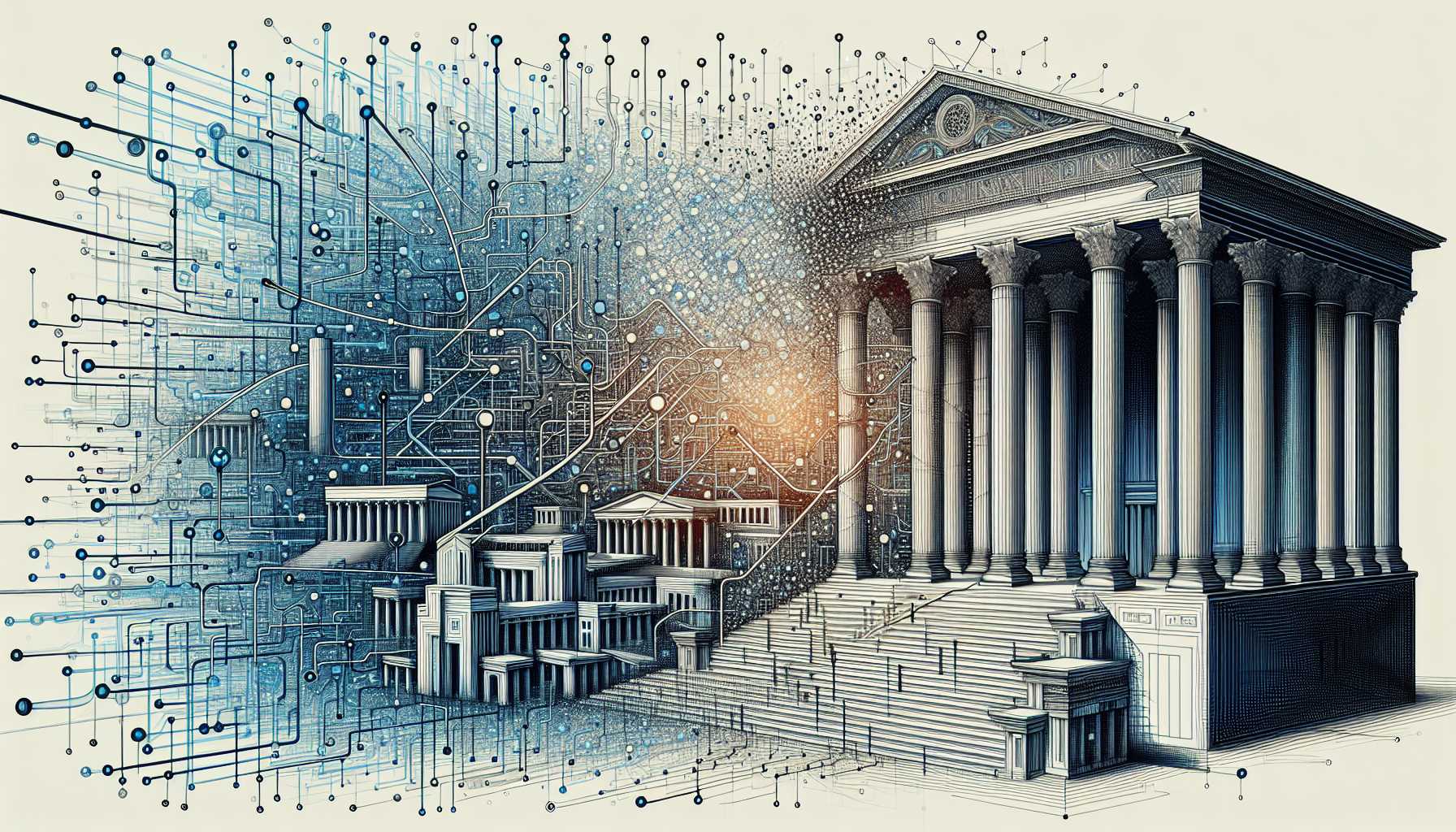 a conceptual artwork of a tangled partnership between technology and government