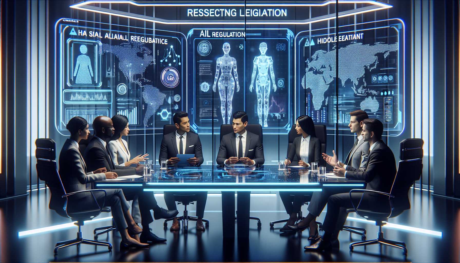 a futuristic meeting of European AI regulators discussing legislation