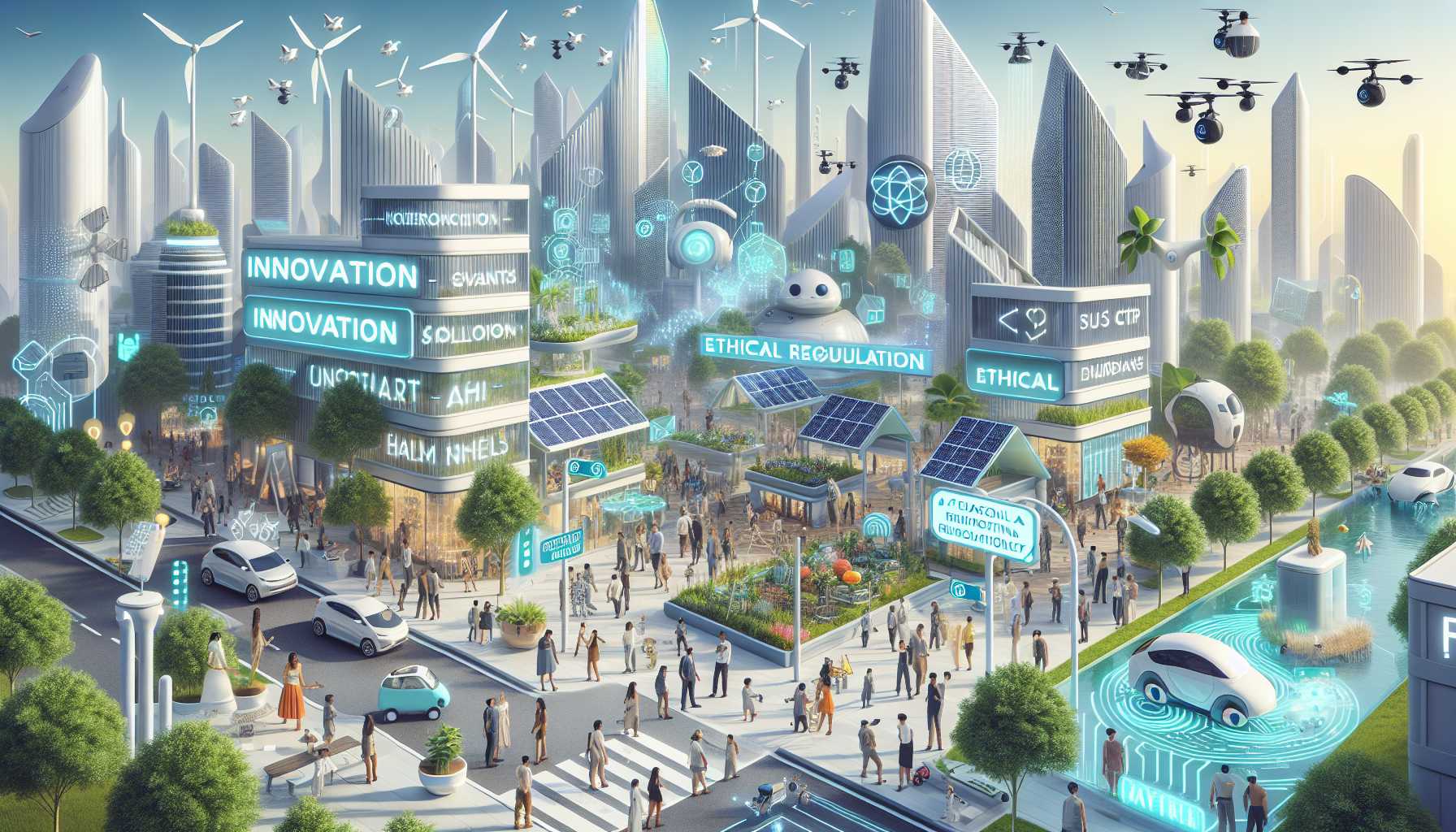 a futuristic depiction of innovation harmonizing with ethical regulation