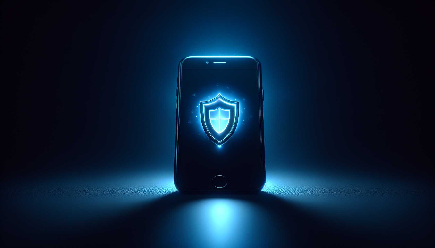 an iPhone with a shield symbol to represent security, glowing amidst a dark background