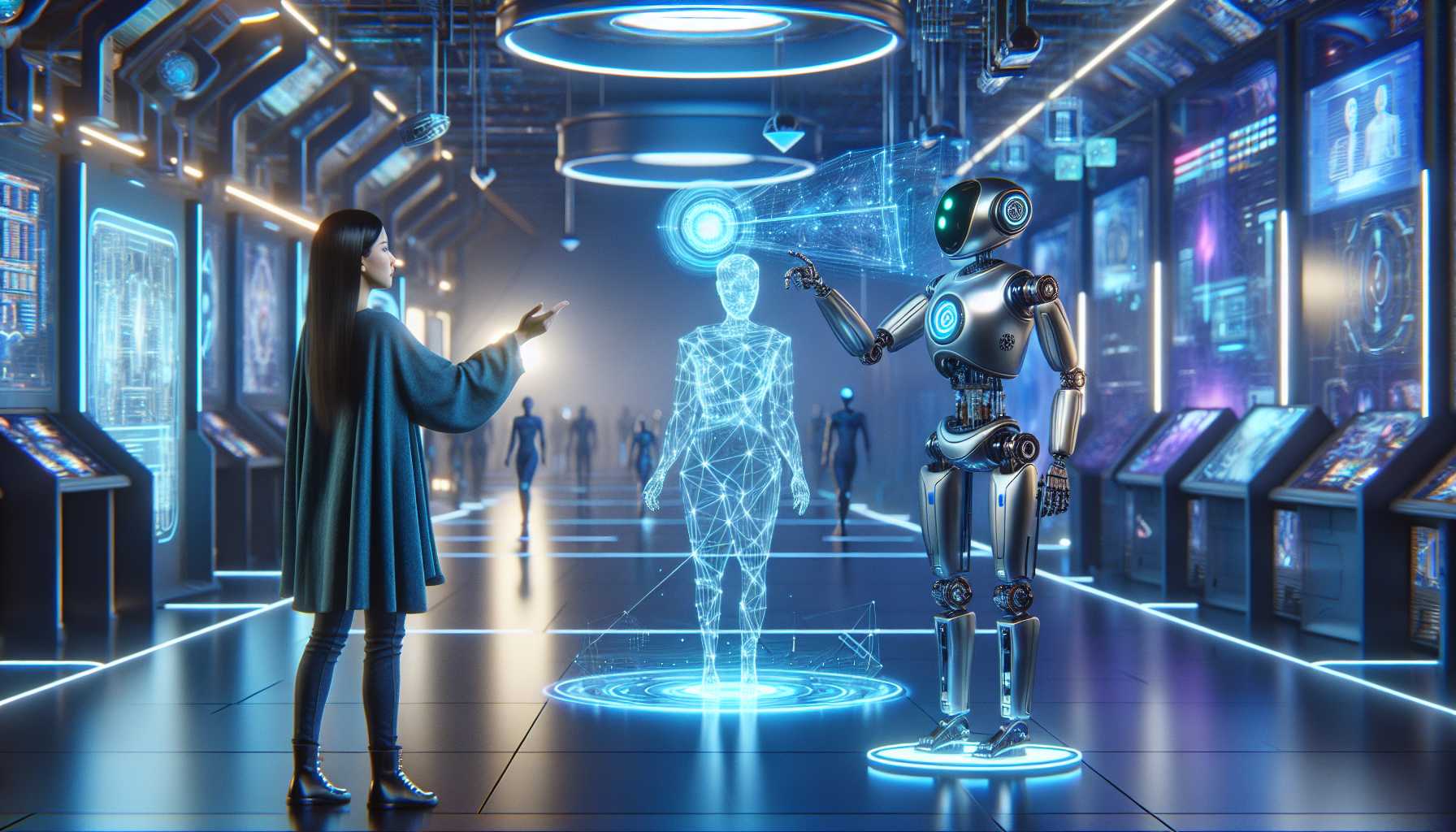 A harmonious interaction between human and AI in a futuristic setting