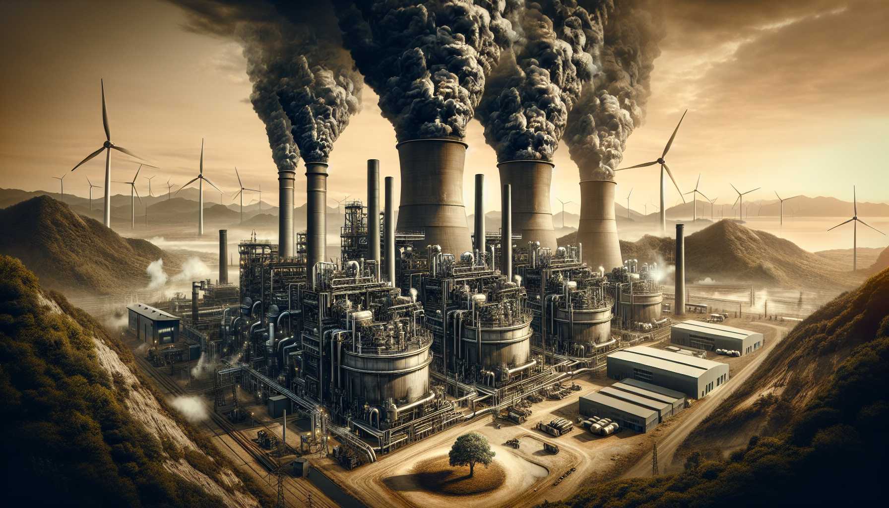 An industrial scene with gas turbines and environmental impact symbolism