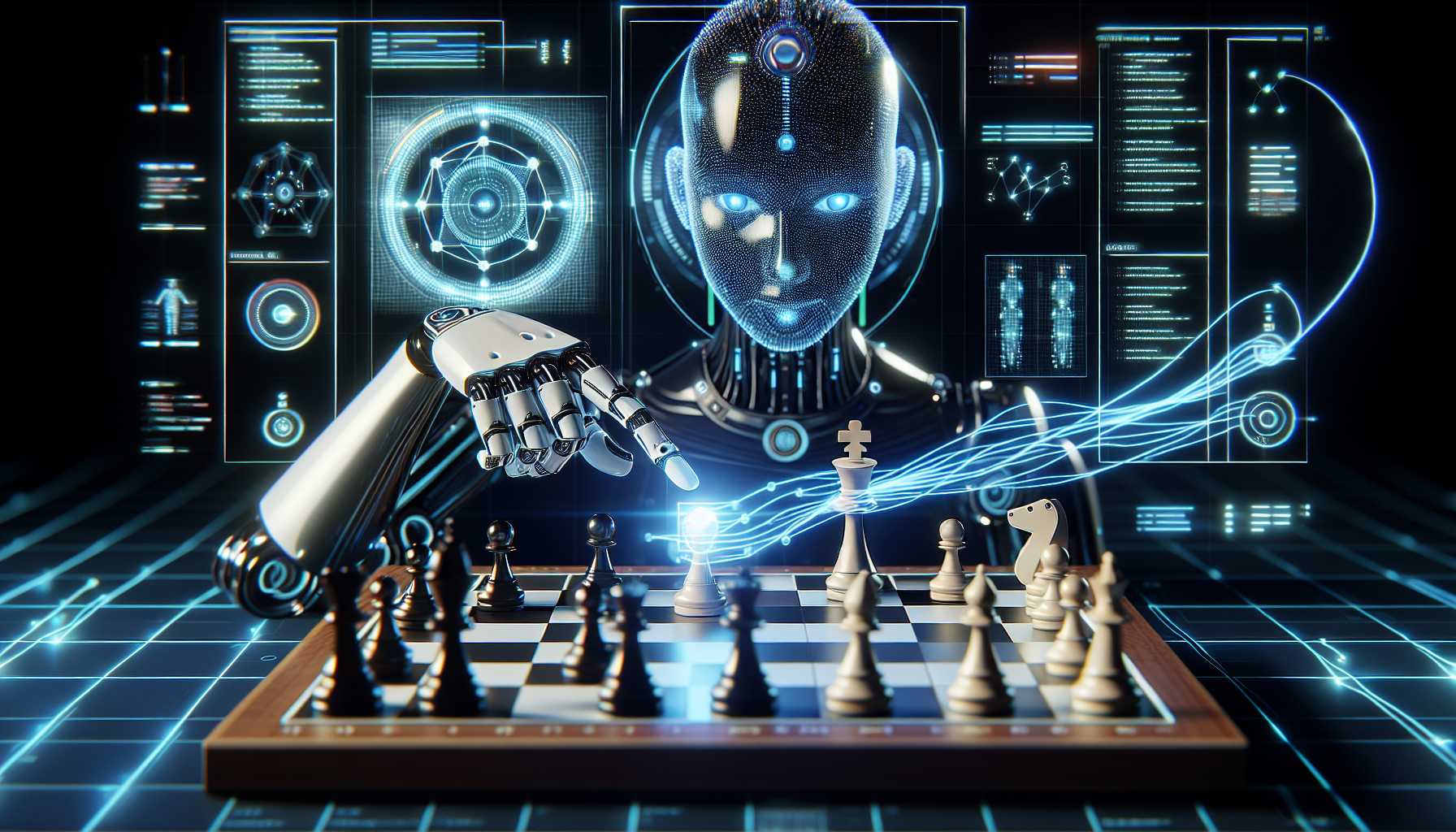 conceptual image of advanced AI interacting with a chess board