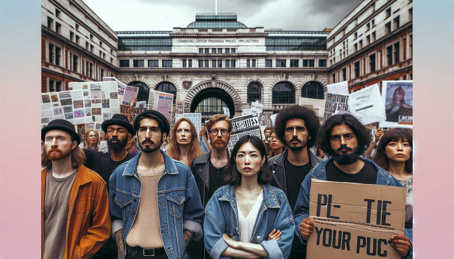 a group of diverse creative professionals protesting against AI copyright laws, set in front of iconic UK publications