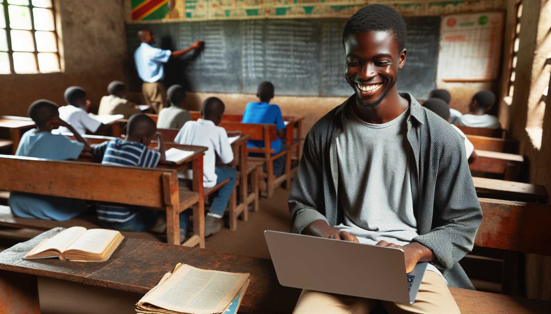 Students in the DRC using laptops and tablets for online learning