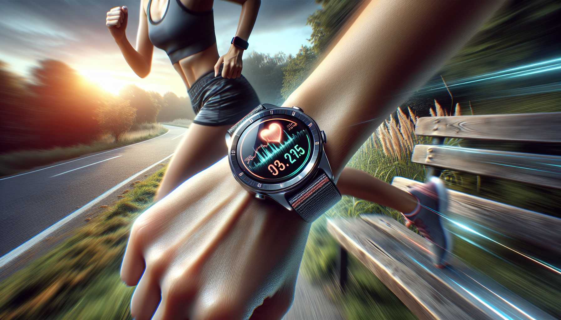 a smartwatch with a heart rate monitor on the wrist of a person running