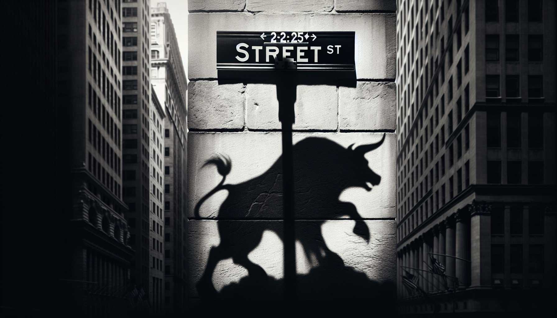 Wall Street sign with a bull and bear shadow