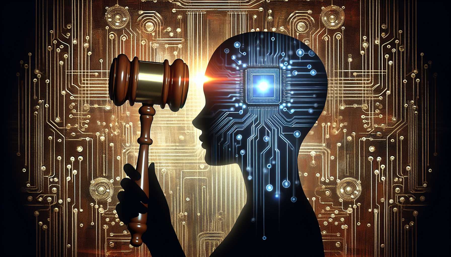 Silhouette of a person holding a gavel with AI circuit background