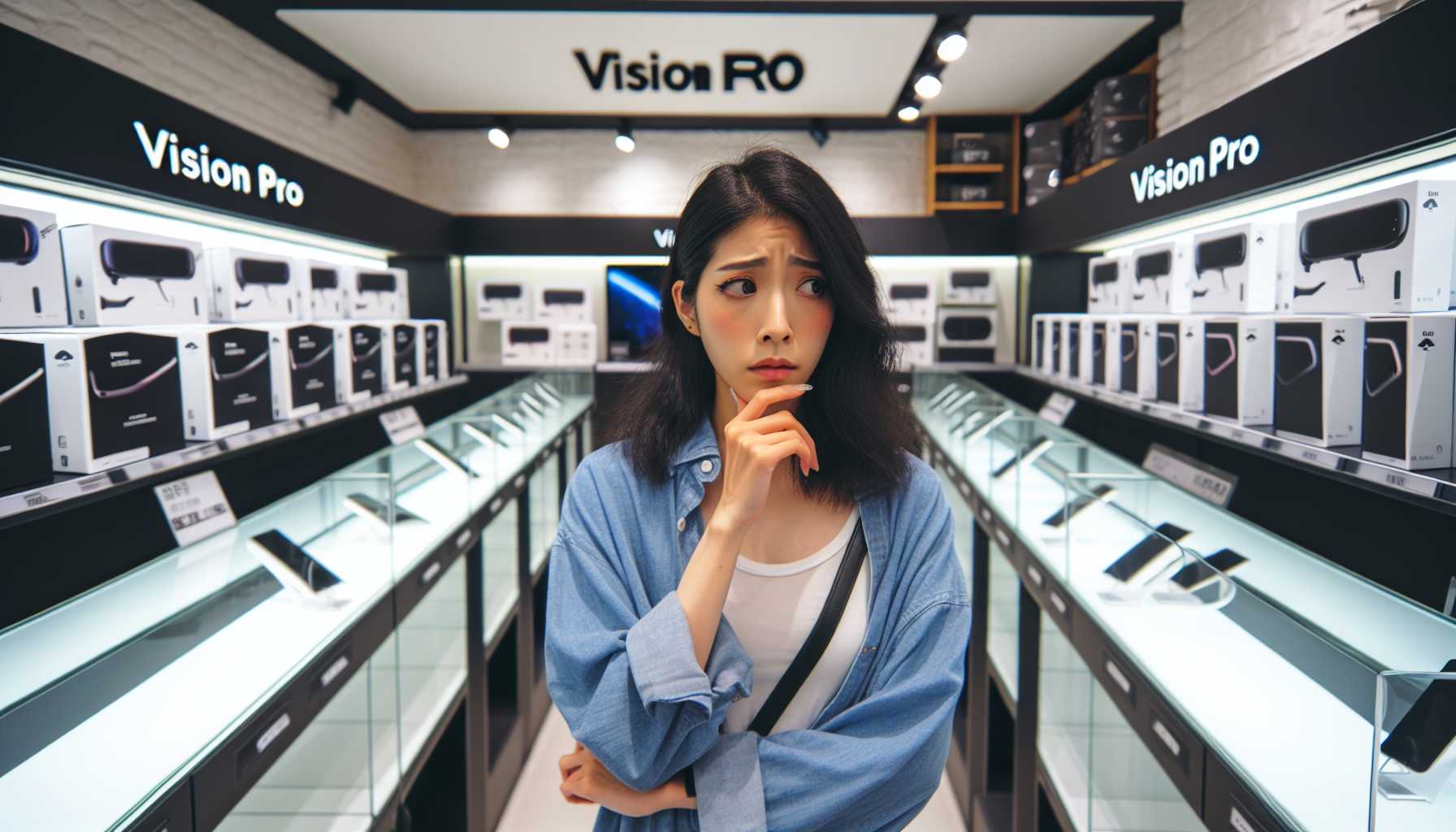 a person contemplating empty app store shelves for Apple's Vision Pro headset