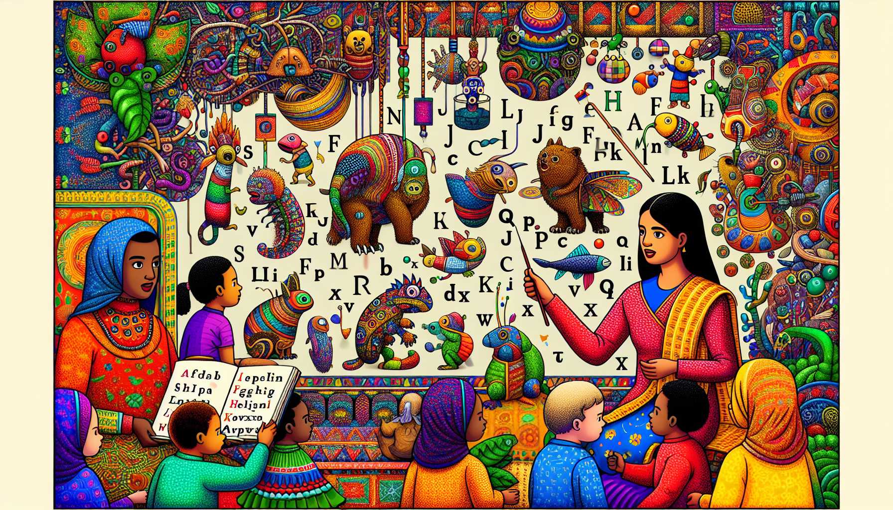 A colorful, AI-generated illustration helping children learn to read