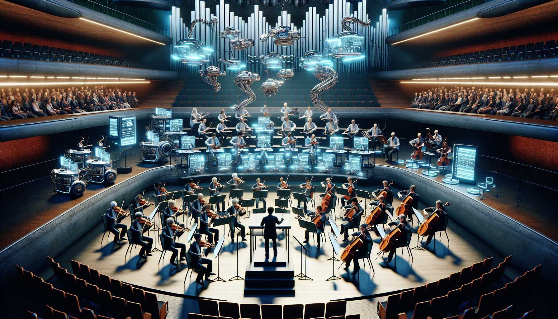 orchestra with computers and artificial intelligence themes