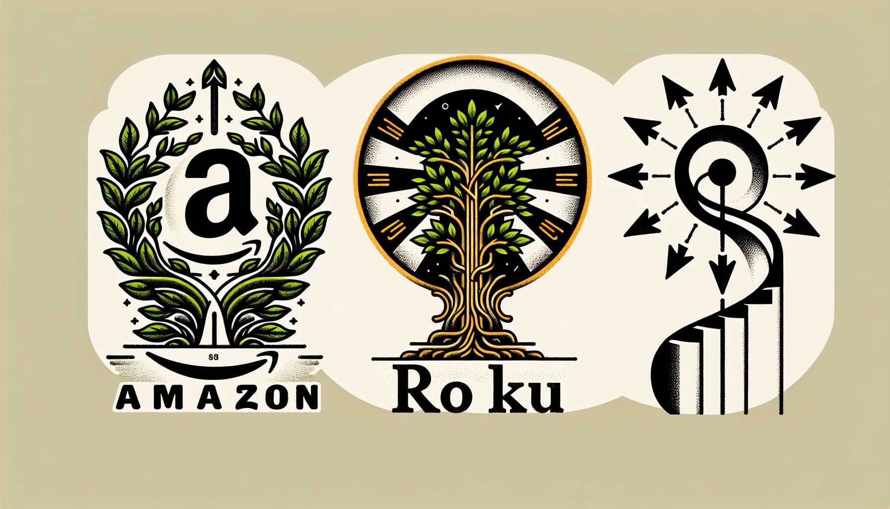 Amazon, Roku, and Alibaba logos with depiction of growth