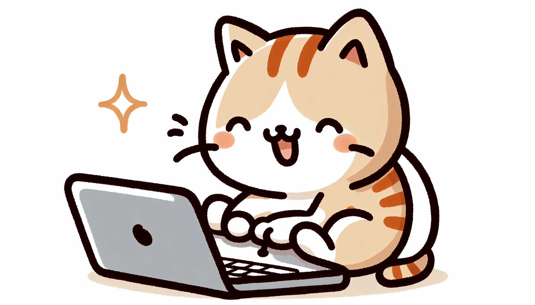 a simple illustration of a happy cat using a laptop