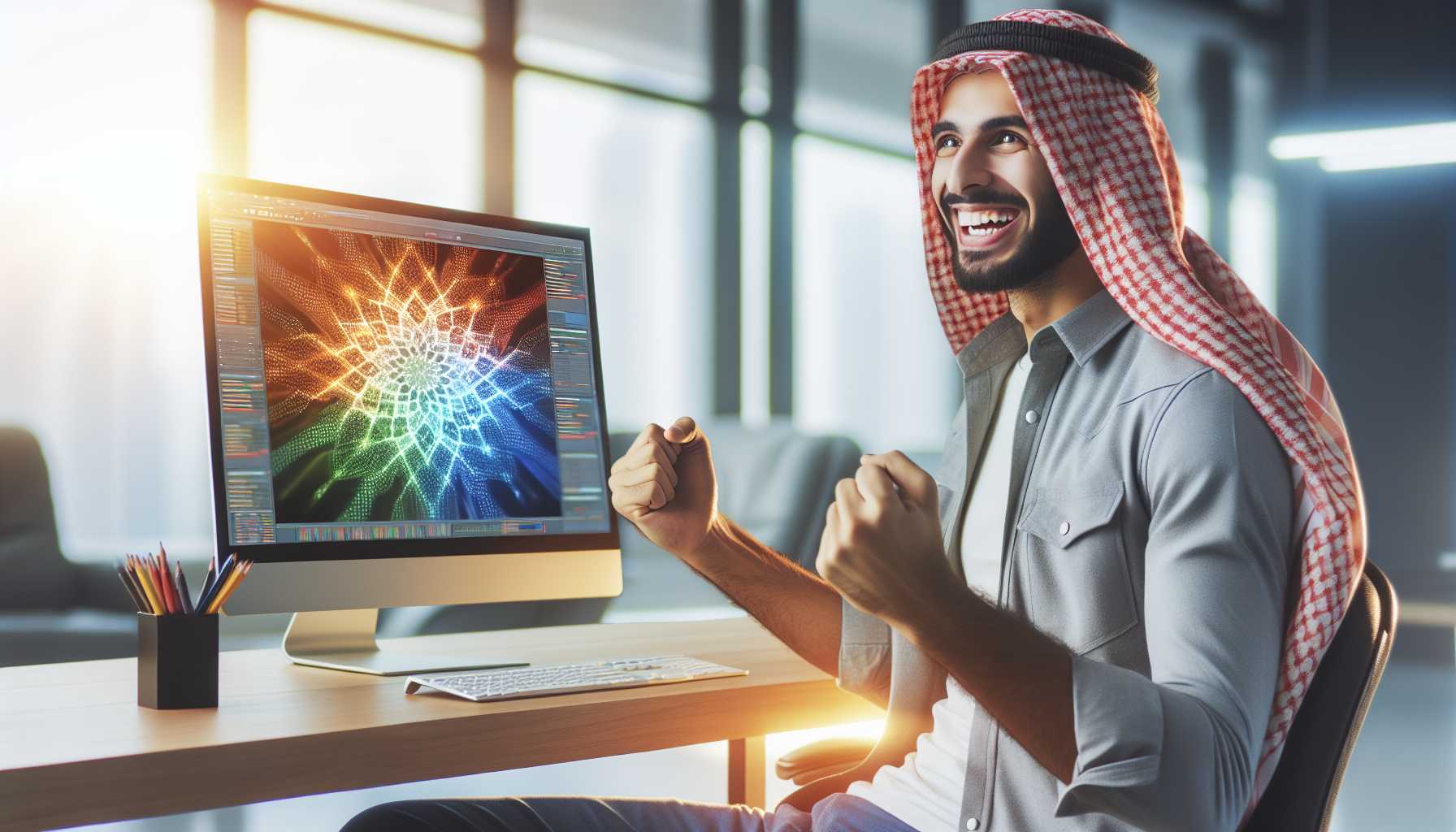 a computer with a person sitting in front of it with a happy expression