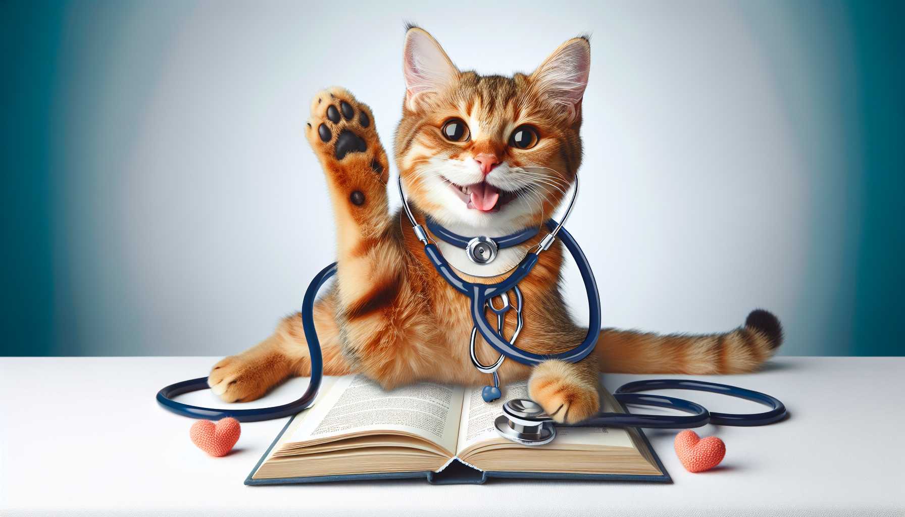 a happy cat wearing a stethoscope and holding a medical book