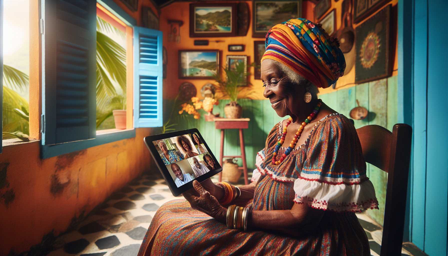 an elderly woman in Martinique using a tablet to video call her family