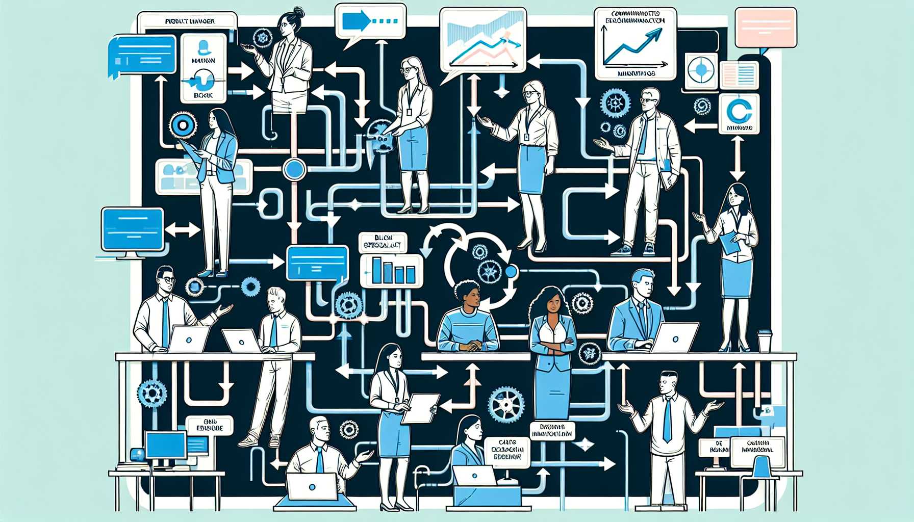 product management communication channels flowchart with various stakeholders