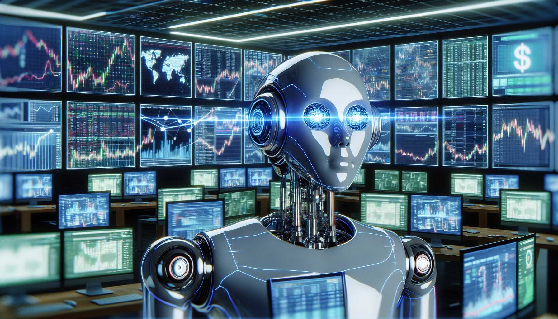 ambiance of tech stocks and market charts with futuristic AI robot overlaid