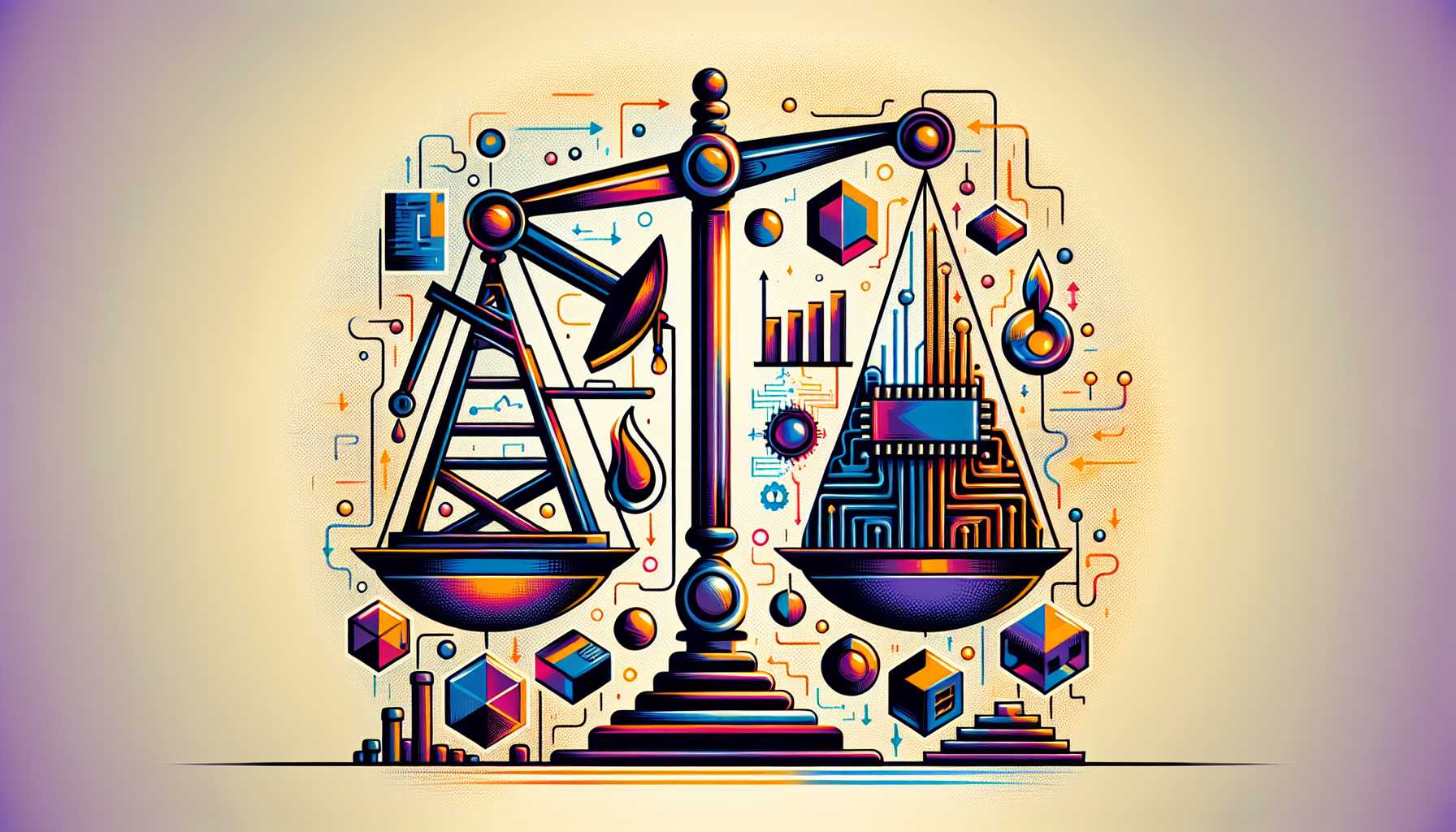 politics influencing energy and technology sectors, with icons representing oil and tech companies