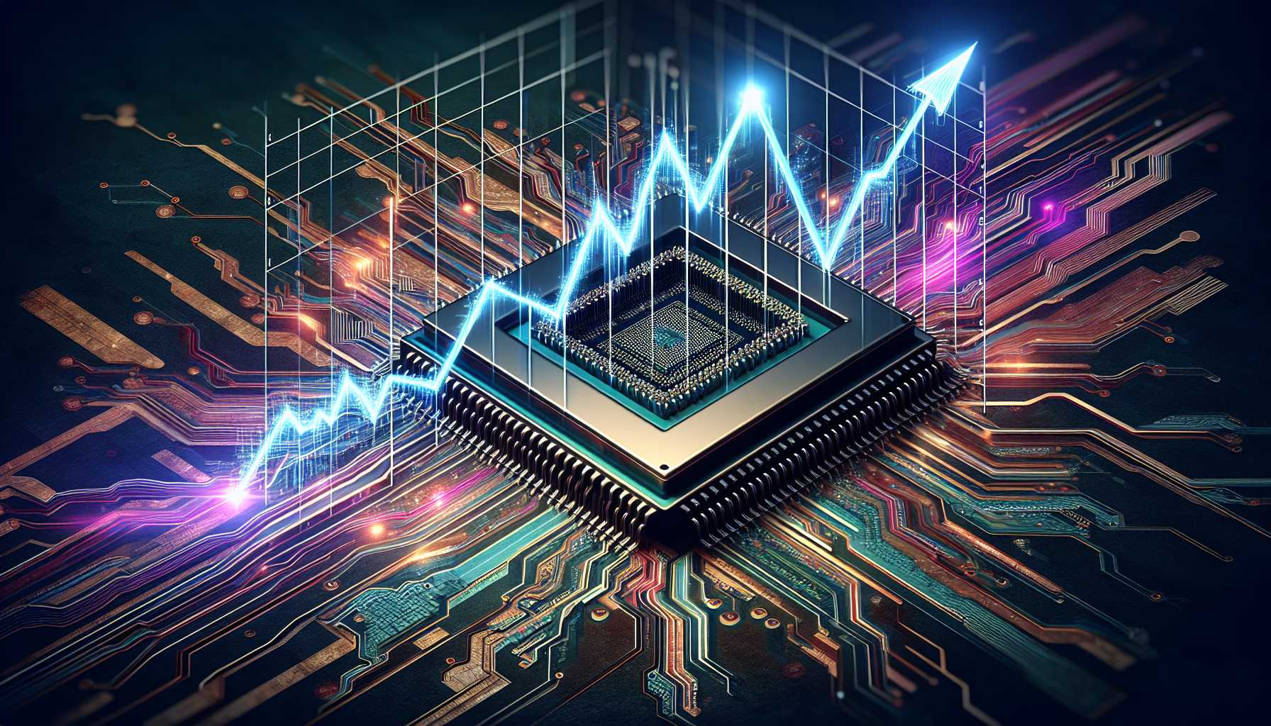 a dynamic graph showing AI company stocks soaring, alongside a powerful computer processor