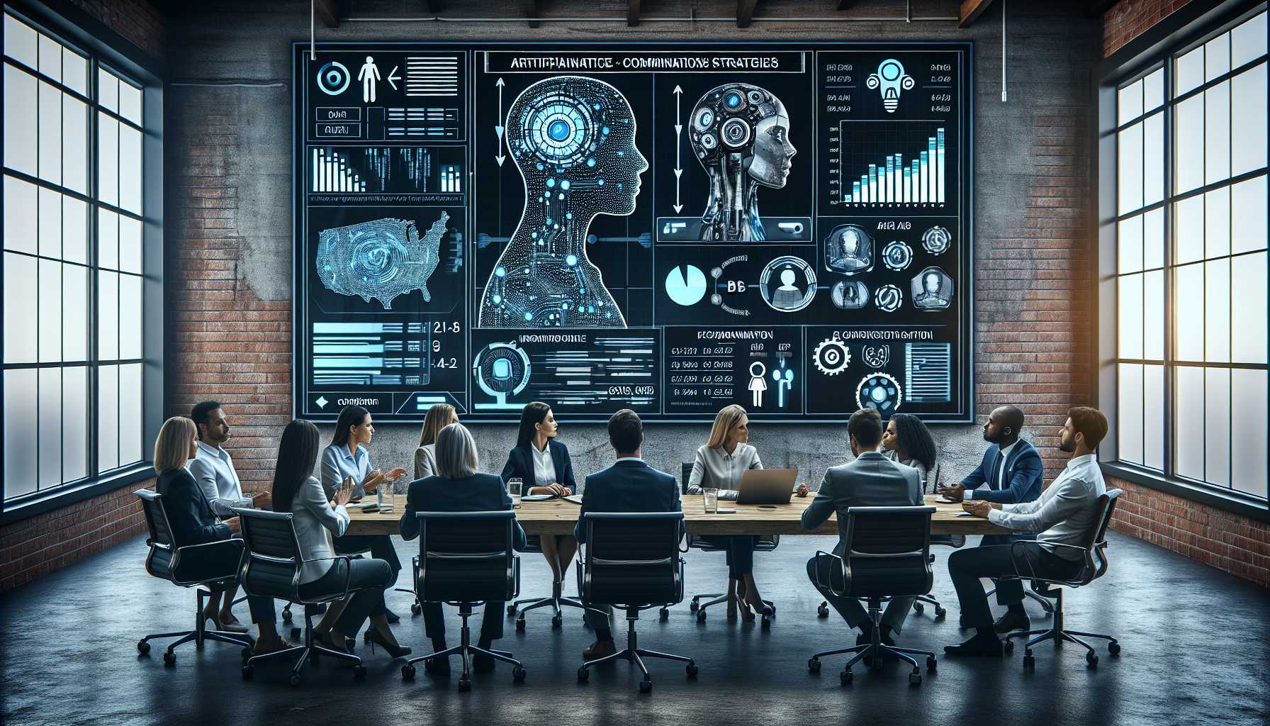 a corporate meeting discussion on AI and compensation strategies, with charts and AI imagery