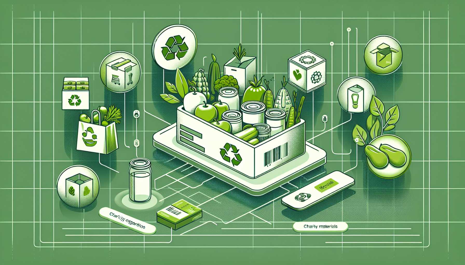 a tech platform interface showcasing surplus food matching with charities, all within a positive eco-friendly concept