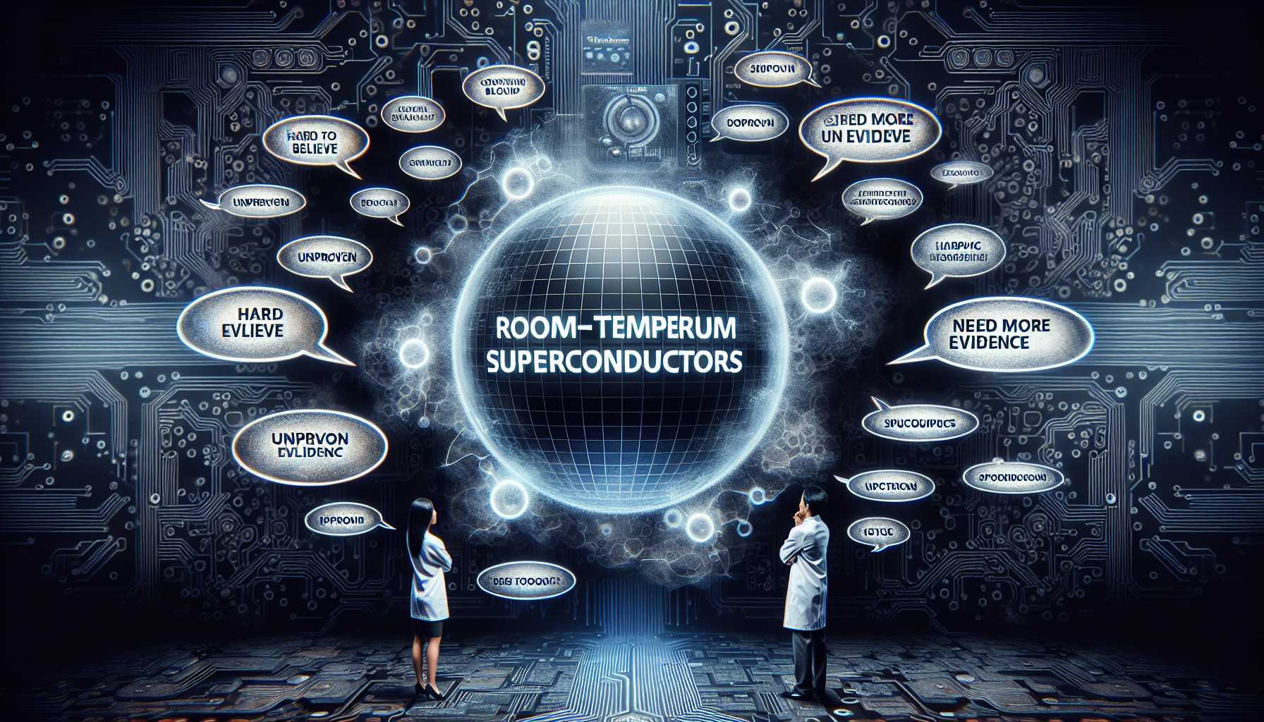 a conceptual illustration contrasting a bold claim of room-temperature superconductors against a backdrop of tech skepticism